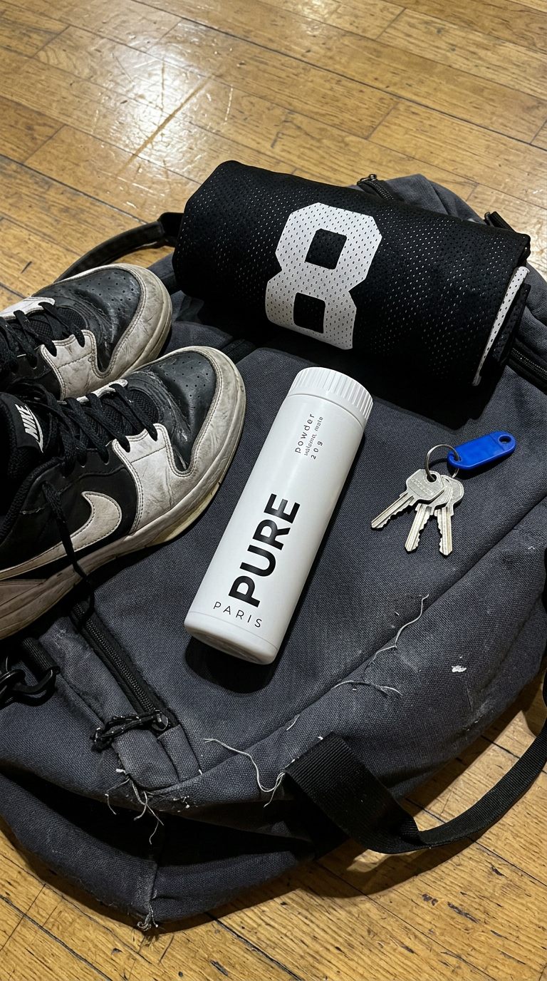 Le flacon PURE glissé dans un sac de sport, à côté des baskets