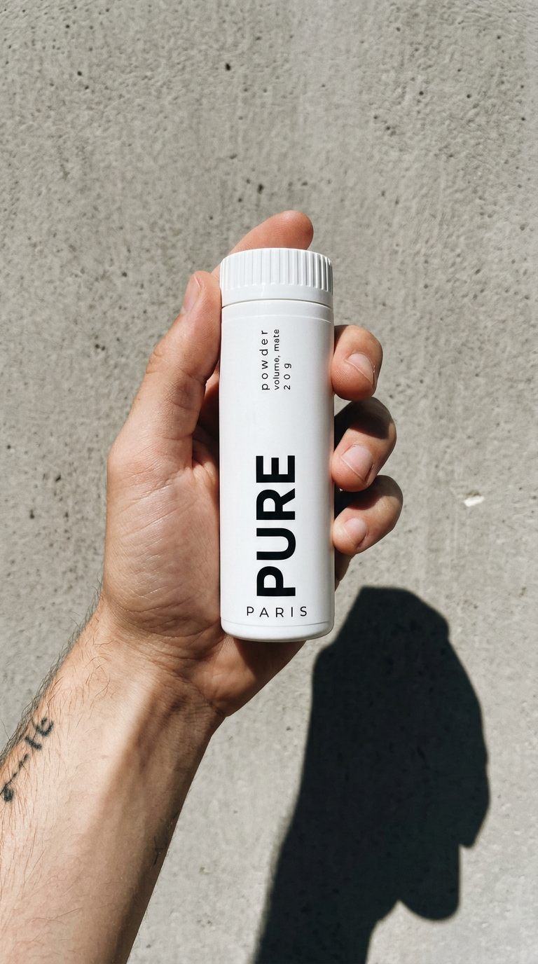 Le flacon PURE tenu à la main, en plein soleil