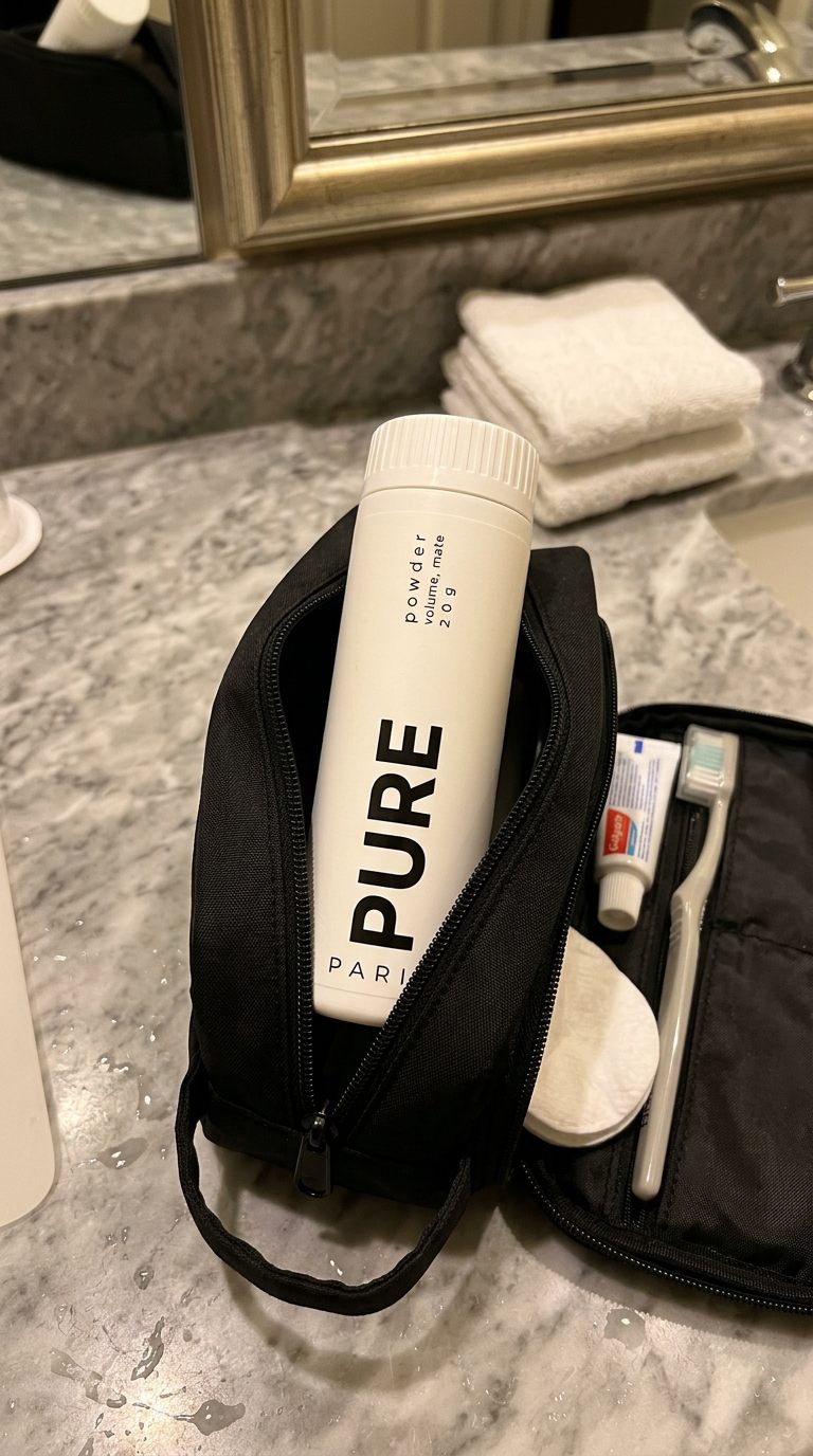 Le flacon PURE rangé dans une trousse de toilette ouverte