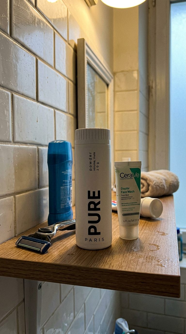 Le flacon PURE posé sur l'étagère d'une salle de bain