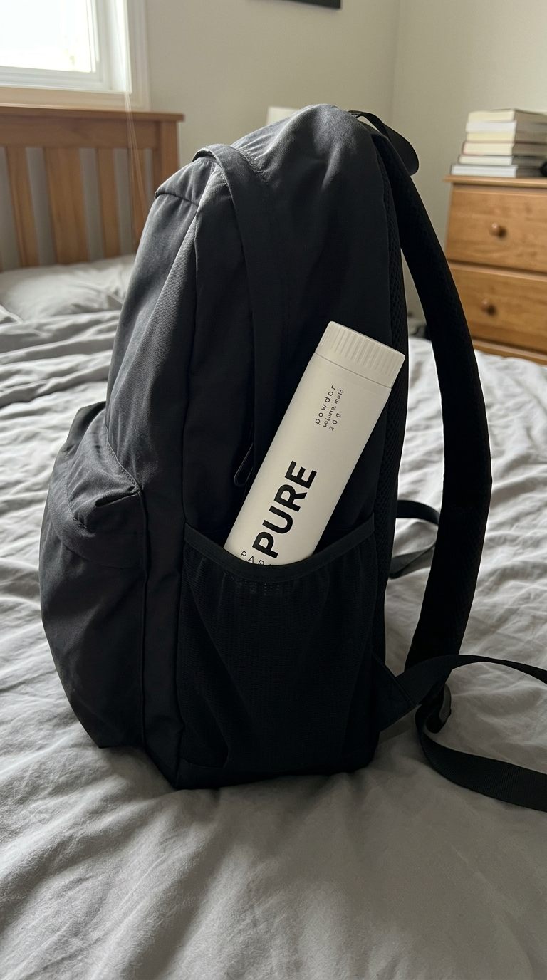 Le flacon PURE dans la poche latérale d'un sac à dos
