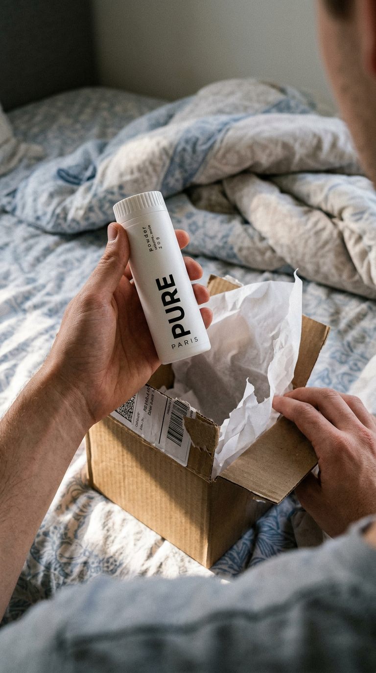 Déballage du colis PURE, le flacon dans son papier de soie