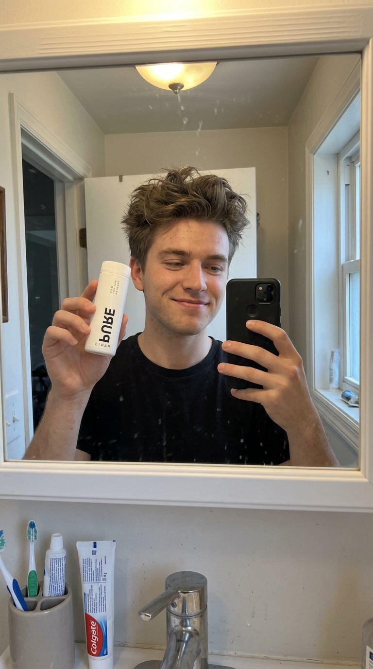 Selfie devant le miroir, cheveux coiffés avec du volume et flacon PURE en main