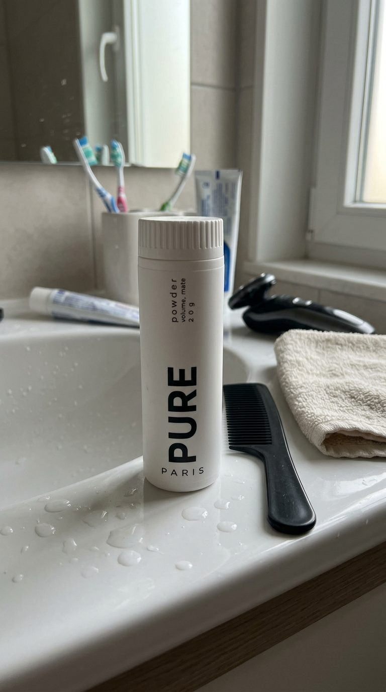 Le flacon PURE et un peigne sur le rebord d'un lavabo