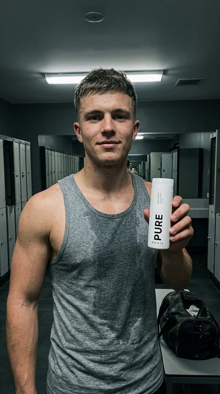 Selfie dans un vestiaire de salle de sport, flacon PURE en main